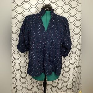 Never A Willowflower Navy Blue V‑Neck Blouse – Size M
